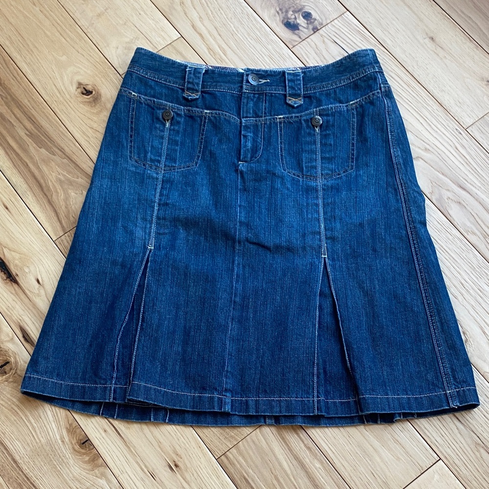 Dark Blue Denim A-Line Skirt with Front Pleats